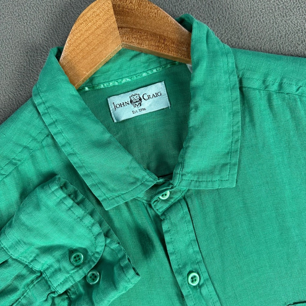 John Craig Shirt 2XL Green Linen Chambray Colorful Minimalist Resort 90s Prep